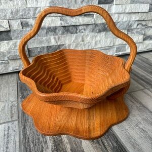 Vintage Collapsible Wood Basket Bowl Handcrafted Oak Spiral and Scalloped Handle